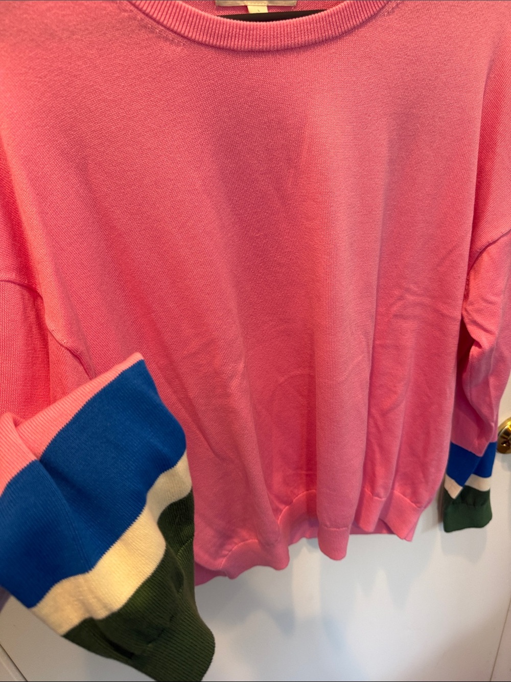 Boden Pink Crewneck Sweater with Blue, White and Green Cuffs - Picture 3 of 5